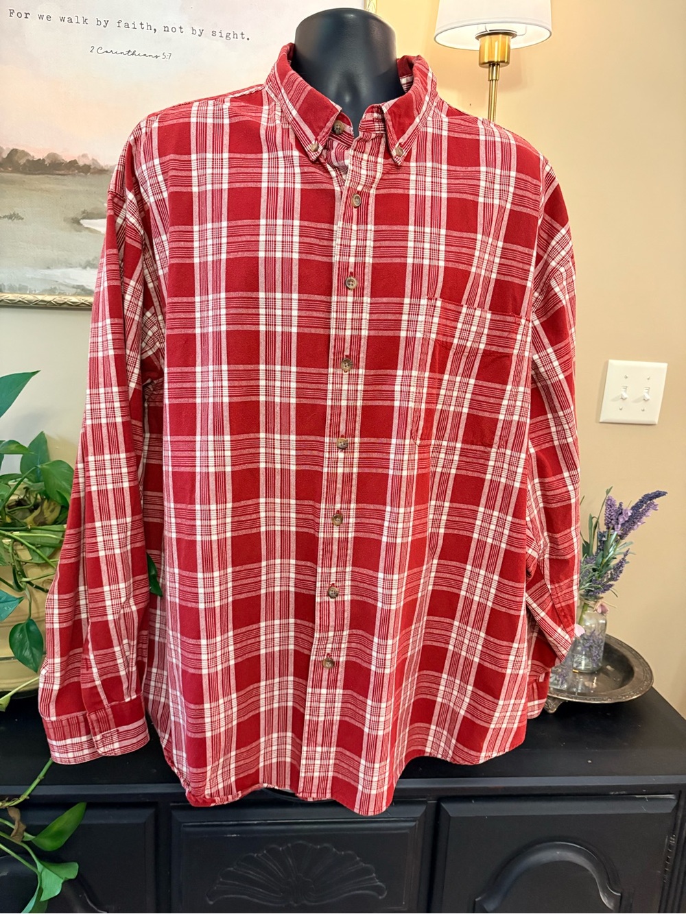 Eddie Bauer Red and White Plaid Button-Down Shirt XXXL